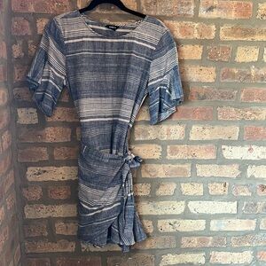 Express White and Blue Ruched Tie Front Mini Dress